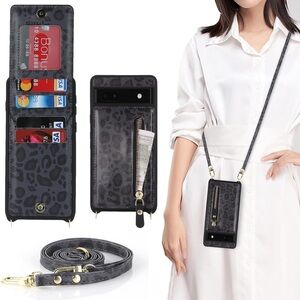 Case for Google Pixel 6a with Card Holder, Crossbody Strap, Kickstand, Zipper